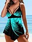 cheap Tankinis-Women&#039;s Swimwear Tankini 2 Piece Plus Size Swimsuit Stripes / Ripples Open Back Printing for Big Busts Green Blue Yellow Royal Blue Strap Camisole Bathing Suits Vacation Fashion New / Modern