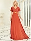 cheap Wedding Guest Dresses-A-Line Empire Fall Wedding Guest Dress Christmas Red Green Dress Plus Size Formal Evening Dress V Neck Short Sleeve Floor Length Chiffon with Pleats Ruched 2023