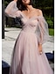 cheap Wedding Guest Dresses-A-Line Elegant Sexy Wedding Guest Prom Dress Off Shoulder Long Sleeve Floor Length Tulle with Bow(s) Pleats 2022