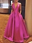 cheap Evening Dresses-A-Line Evening Gown Beautiful Back Dress Wedding Guest Formal Evening Floor Length Sleeveless Plunging Neck Pocket Satin with Bow(s) Pleats 2024