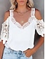 cheap Tees &amp; T Shirts-Women&#039;s Plain Casual Weekend Short Sleeve T shirt Tee V Neck Lace Cold Shoulder Basic Essential Tops White S