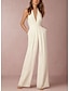 cheap Party Jumpsuits-Jumpsuits for Women Sexy Neck Deep V Wide Leg Clean Fit Elegant Party Wedding Holiday Halter  Green White Black  Solid Color Backless Zipper