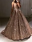 cheap Evening Dresses-Ball Gown Glitter Prom Black Dress Luxurious Tulle Sparkly Dress For Wedding Party Quinceanera Sweep / Brush Train Sleeveless V Neck Tulle V Back with Sequin 2024