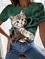 cheap Women&#039;s T-shirts-Women&#039;s 3D Cat Design T shirt Cat Graphic 3D Print Round Neck Basic Tops Green Blue Pink