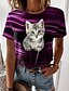 cheap Women&#039;s T-shirts-Women&#039;s 3D Cat Design T shirt Cat Graphic 3D Print Round Neck Basic Tops Green Blue Purple