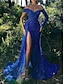 cheap Evening Dresses-Mermaid / Trumpet Evening Gown Sparkle &amp; Shine Dress Prom Formal Evening Court Train Long Sleeve Off Shoulder Sequined with Sequin Slit