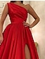 cheap Evening Dresses-A-Line Minimalist Elegant Engagement Formal Evening Birthday Dress One Shoulder Sleeveless Floor Length Satin with Pleats Slit 2022