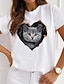 cheap Women&#039;s T-shirts-Women&#039;s 3D Cat Design T shirt Cat Graphic Heart Print Round Neck Basic Tops White Black