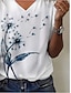 abordables T-shirts Femme-T shirt Tee Femme Blanche Fleur Patchwork Imprimer Manches Courtes Casual du quotidien basique Col V Normal Standard S / 3D effet