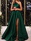 cheap Evening Dresses-A-Line Evening Gown Elegant Dress Wedding Guest Engagement Floor Length Sleeveless One Shoulder Satin with Pleats Slit 2024