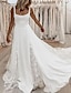 cheap Wedding Dresses-A-Line Wedding Dresses Square Neck Spaghetti Strap Sweep / Brush Train Chiffon Lace Tulle Sleeveless Country Sexy Backless with Appliques Split Front 2022