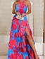 cheap Print Dresses-Women&#039;s Swing Dress Maxi long Dress Blue Sleeveless Print Abstract Layered Split Cold Shoulder Spring Summer Halter Neck Cold Shoulder Personalized Stylish Vacation 2023 S M L XL XXL / 3D Print
