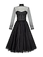 cheap Cocktail Dresses-A-Line Cocktail Black Dress Vintage Dress Homecoming Cocktail Party Knee Length Long Sleeve High Neck Wednesday Addams Family Tulle with Pleats Pure Color 2024