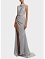 cheap Evening Dresses-Sheath / Column Prom Dresses Elegant Dress Prom Court Train Sleeveless Halter Neck Fall Wedding Guest Satin with Slit Pure Color 2024