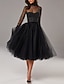 Χαμηλού Κόστους Κοκτέιλ Φορέματα-μαύρο φόρεμα σε γραμμή κοκτέιλ vintage φόρεμα επιστροφή στο σπίτι κοκτέιλ πάρτι μακρυμάνικο γόνατο ψηλό λαιμό Τετάρτη addams οικογενειακό τούλι με πιέτες καθαρό χρώμα 2024