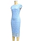 cheap Wedding Guest Dresses-Sheath / Column Cocktail Dresses Elegant Dress Wedding Guest Cocktail Party Tea Length Short Sleeve Jewel Neck Lace with Lace Insert Pure Color 2024