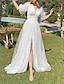 cheap Lace Wedding Dresses-A-Line Wedding Dresses V Neck Floor Length Lace Half Sleeve Beach Sexy with Split Front 2022