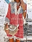 رخيصةأون فساتين منقوشة-نسائي لباس غير رسمي فستان عرقي فستان قصير أحمر 3/4 الكم ألوان متناوبة مكشكش الصيف الربيع V رقبة كاجوال 2023 S M L XL XXL 3XL