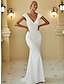 cheap Wedding Dresses-Reception Simple Wedding Dresses Mermaid / Trumpet V Neck Cap Sleeve Sweep / Brush Train Stretch Fabric Bridal Gowns With Draping Solid Color 2024