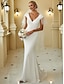 preiswerte Hochzeitskleider-Einfache Brautkleider für den Empfang, Meerjungfrau/Trompete, V-Ausschnitt, Flügelärmel, Sweep/Pinselzug, Brautkleider aus Stretchstoff mit Drapierung, einfarbig, 2024