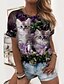 cheap Tees &amp; T Shirts-Women&#039;s T shirt Tee Black Print Floral Cat Casual Weekend Short Sleeve Round Neck Basic Regular Floral 3D Cat Painting S