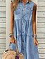 cheap Midi Dresses-Women&#039;s Denim Dress Midi Dress Blue Pure Color Sleeveless Spring Summer Ruched Shirt Collar 2022 S M L XL XXL 3XL