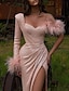 cheap Evening Dresses-Mermaid / Trumpet Evening Gown Maxi Dress Wedding Guest Wedding Party Sweep / Brush Train Long Sleeve One Shoulder Satin with Feather Crystals 2024