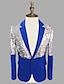 Недорогие Блейзер и куртка-Мужской блестящий повседневный пиджак с пайетками, стандартный крой, цветной блок с пайетками, белый, синий, 2024