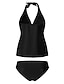 cheap Tankinis-Women&#039;s Swimwear Tankini 2 Piece Normal Swimsuit Solid Color Halter Open Back Black Plunge Halter Bathing Suits Casual Vacation Sports / Modern / Spa / New / Padded Bras