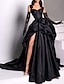 cheap Evening Dresses-A-Line Evening Gown Black Dress Plus Size Dress Carnival Masquerade Court Train Sleeveless Strapless Wednesday Addams Family Satin with Slit Pure Color Prom 2024