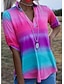 billige Bluser og skjorter til kvinner-Dame Bluse Skjorte Fuksia Fargegradering Trykt mønster 3/4 ermer Daglig Helg Gatemote Fritid V-hals Normal S / 3D-utskrift