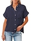 hesapli Kadın Bluzları ve Tişörtleri-Kadın&#039;s Bluz Gömlek Doğal Pembe Ordu Yeşili Koyu Mavi Düz Buton Cep Kısa Kollu Günlük Hafta sonu Sokak Şıklığı Günlük Gömlek Yaka Normal S