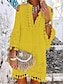 cheap Plain Dresses-Women‘s Shift Dress Mini Dress Blue White Pink Yellow Beige 3/4 Length Sleeve Pure Color Tassel Fringe Lace Cold Shoulder Spring Summer V Neck Hot Casual Boho 2023 S M L XL XXL 3XL