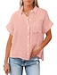 저렴한 블라우스-여성용 블라우스 셔츠 블러슁 핑크 아미 그린 네이비 블루 플레인 단추 주머니 짧은 소매 일상 주말 스트리트 쉬크 캐쥬얼 셔츠 카라 보통 S