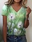 billige T-shirts til kvinde-Dame T-shirt Grøn Blå Lyserød Mælkebøtte Trykt mønster Kortærmet Afslappet Ferie Basale V-hals Normal Blomster Tema Maleri S / 3D-udskrivning