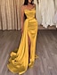 cheap Evening Dresses-Mermaid / Trumpet Sexy High Split Formal Evening Dress Sparkle Wedding Dresses With Sequins Strapless Sleeveless Court Train Satin with Slit Pure Color Prom 2022