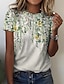 저렴한 기본 티 &amp;티셔츠-여성용 T 셔츠 그래스 그린 화이트 아이보리 프린트 플로럴 캐쥬얼 홀리데이 짧은 소매 라운드 넥 베이직 보통 추상화 페인팅 S