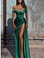 cheap Evening Dresses-Mermaid Dress Evening Dresses Gorgeous High Split Dress Engagement Red Green Dress Birthday Floor Length Sweetheart Neckline Short Sleeve Satin with Crystals Slit 2024
