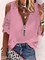 cheap Women&#039;s Blouses &amp; Shirts-Women&#039;s Blouse Shirt Blue Pink Fuchsia Plain Lace Cut Out Short Sleeve Daily Weekend Streetwear Casual V Neck Regular S