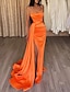 cheap Evening Dresses-Mermaid / Trumpet Evening Gown Sparkle Prom Dress Wedding Guest Ruched Sweep / Brush Train Sleeveless Spaghetti Strap Satin with Slit 2024