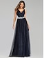 cheap Prom Dresses-A-Line Prom Dresses Empire Dress Wedding Guest Prom Floor Length Sleeveless V Neck Tulle with Sequin Appliques 2024
