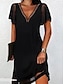 זול שמלות פשוטות-בגדי ריקוד נשים שמלה שחורה שמלת מיני צורני תחרה טלאים פגישה (דייט) אלגנטית בסיסי צווארון V שרוולים קצרים שרוול מתנופף שחור צבע