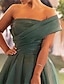 billiga Aftonklänningar-a-line aftonklänning röd grön klänning bröllopsgäst bal sopa / borsttåg kort ärm en axel organza med rynkad slits 2024