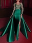 cheap Evening Dresses-Mermaid Evening Gown Luxurious Dress Carnival Red Green Dress Court Train Long Sleeve Jewel Neck Satin with Rhinestone Appliques 2024