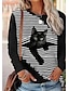 cheap Tees &amp; T Shirts-Women&#039;s T shirt Tee Black Print Cat Striped Casual Weekend Long Sleeve Round Neck Basic Regular 3D Cat Painting S