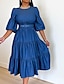 cheap Plain Dresses-Women&#039;s Denim Dress Swing Dress Midi Dress Blue Half Sleeve Pure Color Ruffle Summer Spring Crew Neck Stylish Loose Fit 2023 S M L XL
