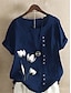 cheap Plus Size T Shirts-Women&#039;s Plus Size Curve Tops T shirt Floral Button Print Short Sleeve Crewneck Streetwear Daily Vacation Cotton And Linen Spring Summer Blue LightBlue