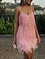 cheap Party Dresses-A-Line Party Dresses Sparkle &amp; Shine Dress Prom Wedding Party Short / Mini Sleeveless Spaghetti Strap Sequined with Feather Fringe Sequin 2024