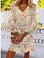 cheap Print Dresses-Women&#039;s Casual Dress Ethnic Dress Shift Dress Mini Dress Orange Beige 3/4 Length Sleeve Floral Ruffle Summer Spring V Neck Vacation Loose Fit 2023 S M L XL XXL 3XL