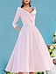 cheap Mother of the Bride Dresses-A-Line Mother of the Bride Dress Wedding Guest Elegant Vintage V Neck Tea Length Satin 3/4 Length Sleeve with Pleats 2024